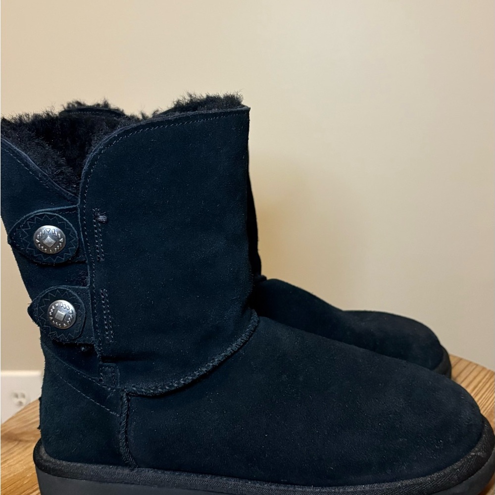 UGG Black Suede Shearling Boots with Button Accent